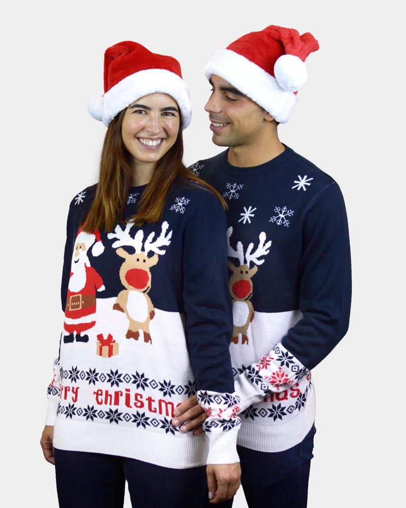 Maglione Natalizio da Uomo Donna Cotone Biologico Blu Babbo Natale Renna Rudolph