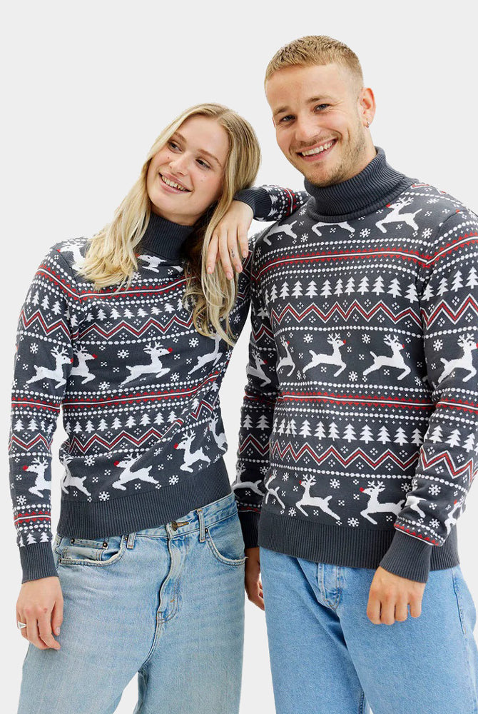 Maglione Natalizio da Uomo Donna Cotone Biologico a Collo Alto Grigio con Renne