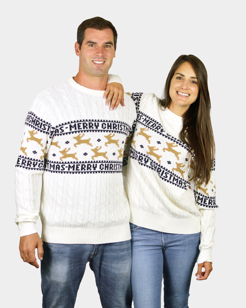 Maglione Natalizio da Uomo Donna in Cotone Biologico Elegante Bianco con Renne