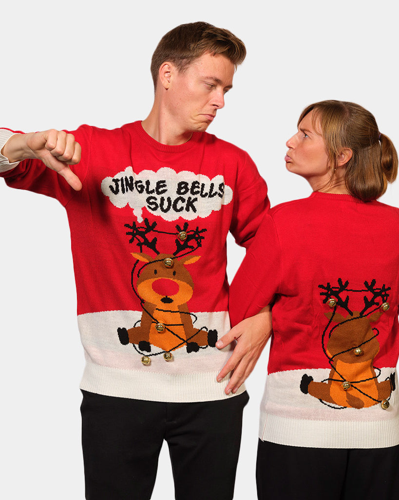 Maglione Natalizio da Uomo Donna Jingle Bells Suck Rosso con Campanelli 3D