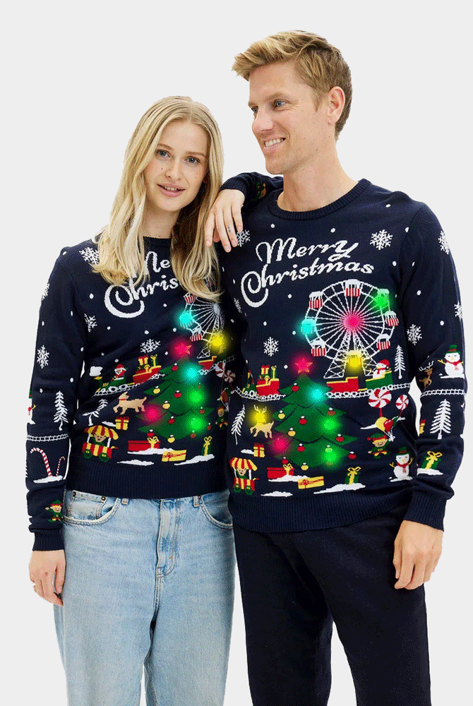 Maglione Natalizio da Uomo Donna con Luci LED Fiera di Natale