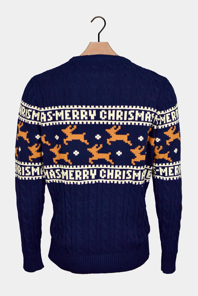 Maglione Natalizio Elegante Uomo in Cotone Biologico Blu con Renne