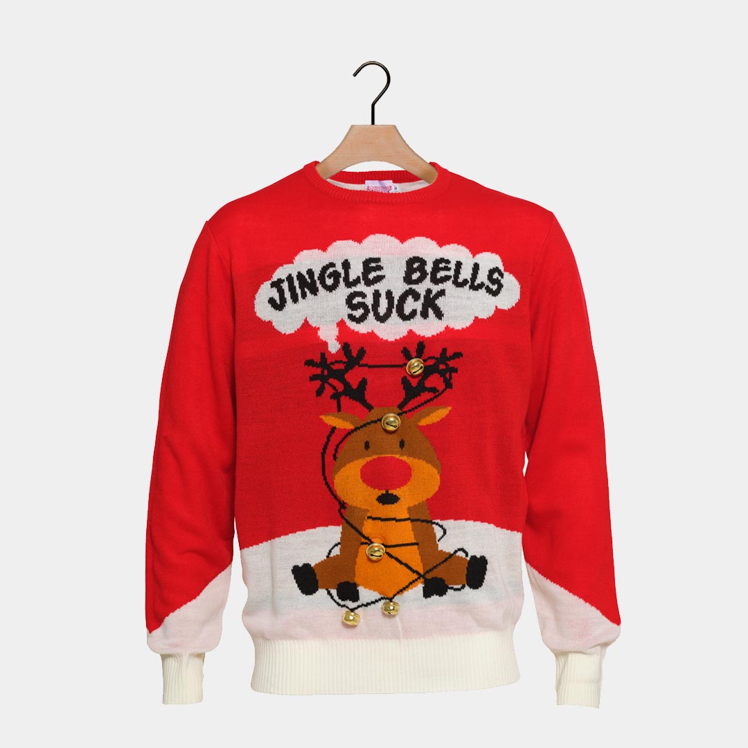 Maglione Natalizio da Uomo Jingle Bells Suck Rosso Campanelli 3D