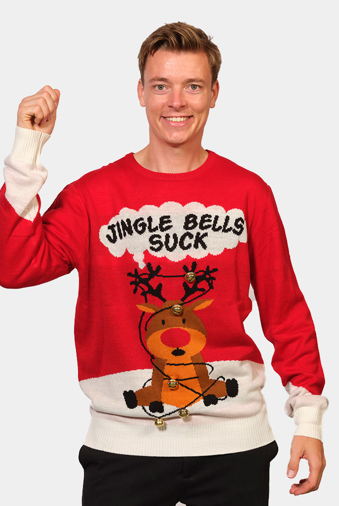 Maglione Natalizio da Uomo Jingle Bells Suck Rosso con Campanelli 3D