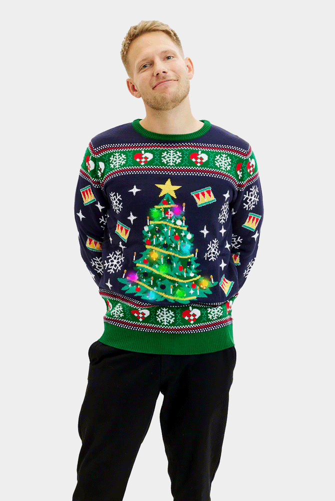 Maglione Natalizio da Uomo Luci LED Blu con Albero di Natale