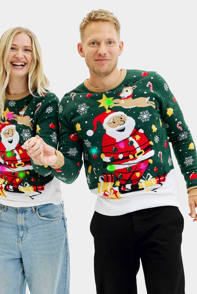 Maglione Natalizio da Uomo Donna Luci LED Babbo Natale in Confusione
