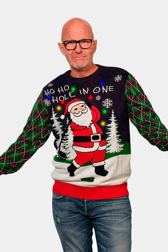 Maglione Natalizio da Uomo con Luci LED Babbo Natale che Gioca a Golf