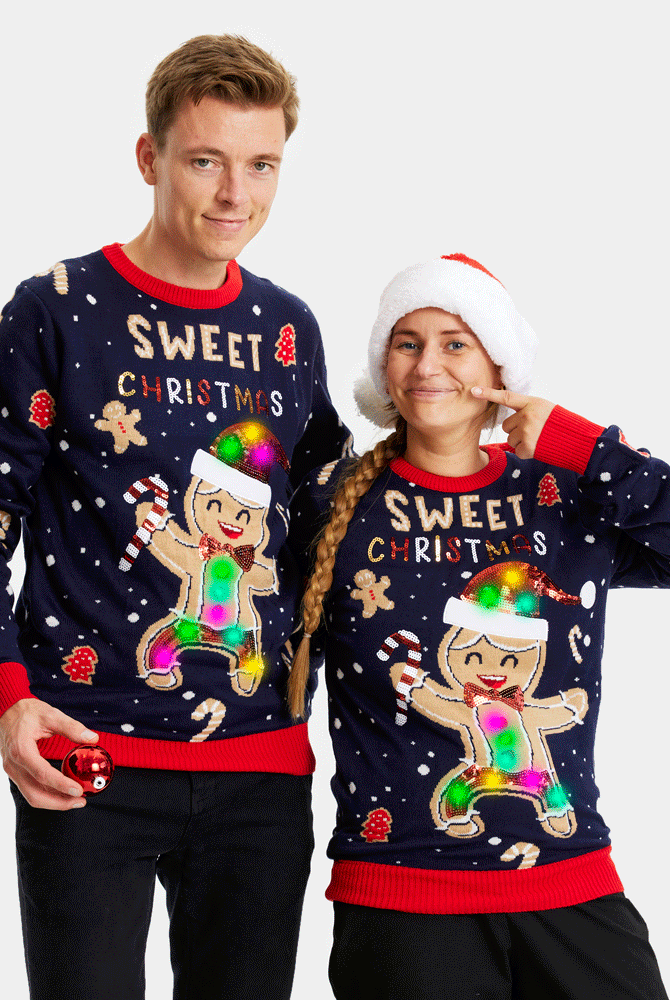 Maglione Natalizio da Uomo con Luci LED Uomo Blu Ginger Cookie Donna