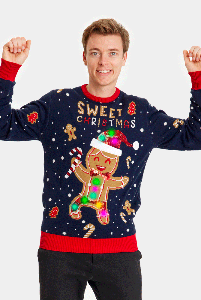 Maglione Natalizio da Uomo con Luci LED Uomo Blu Ginger Cookie