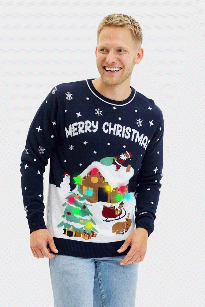 Maglione Natalizio da Uomo con Luci LED Blu Merry Christmas