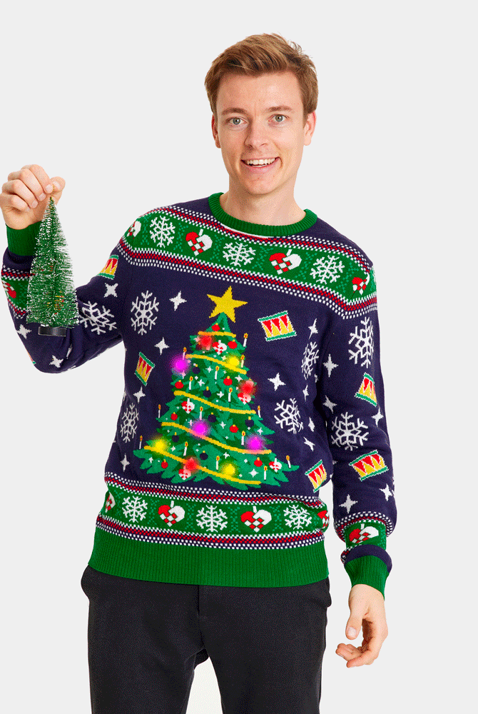 Maglione Natalizio da Uomo con Luci LED Blu con Albero di Natale