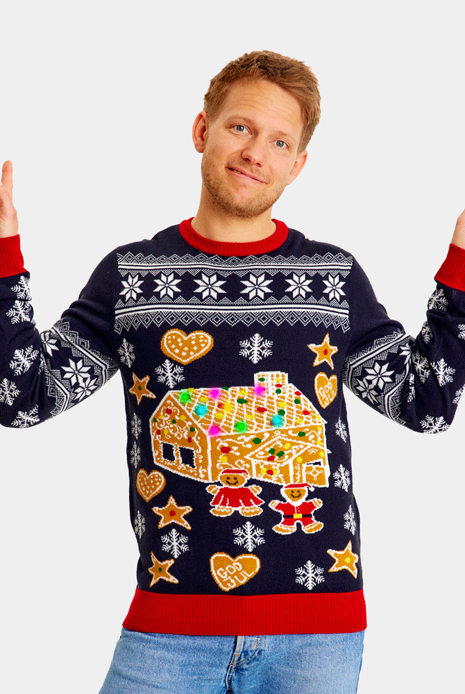 Maglione Natalizio Uomo con Luci LED Casa di Pan di Zenzero