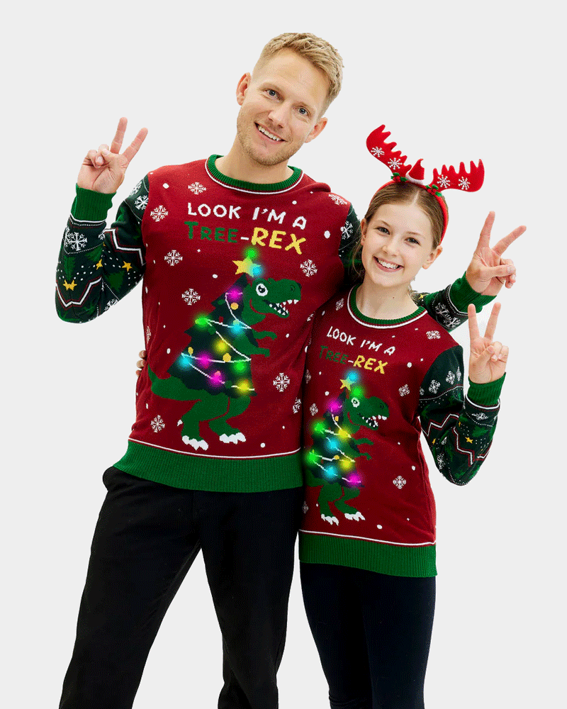 Maglione Natalizio da Uomo Bambini Luci LED Christmas Tree-Rex