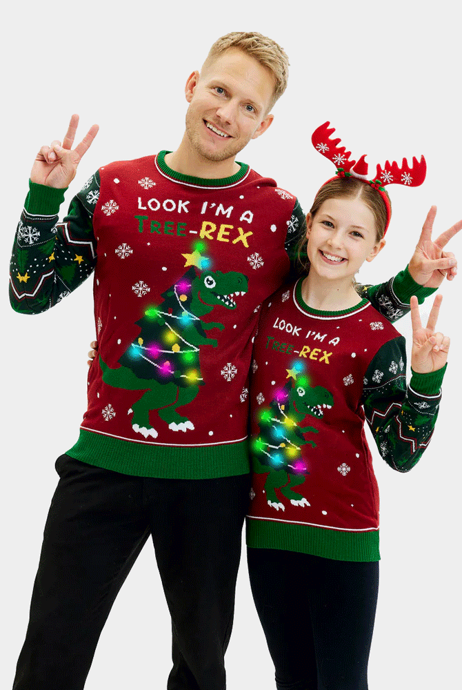 Maglione Natalizio da Uomo Bambini Luci LED Christmas Tree-Rex
