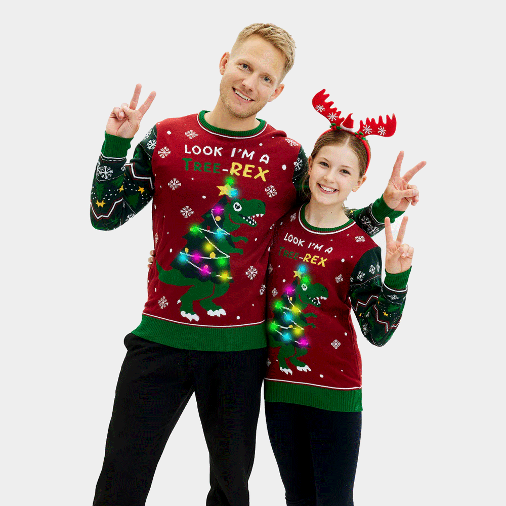 Maglione Natalizio da Uomo Bambini Luci LED Christmas Tree-Rex