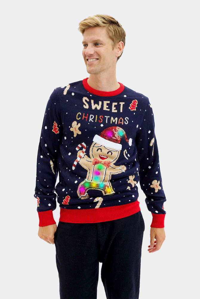 Maglione Natalizio Uomo Luci LED Uomo Blu Ginger Cookie
