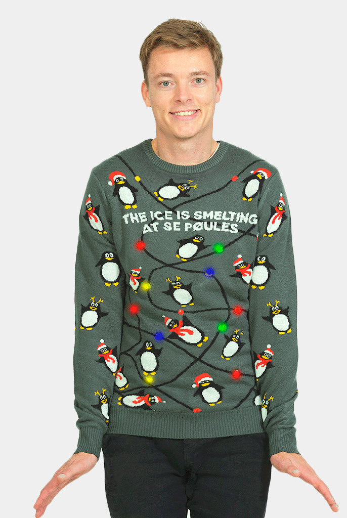 Maglione Natalizio da Uomo con Luci LED Grigio con Pinguini