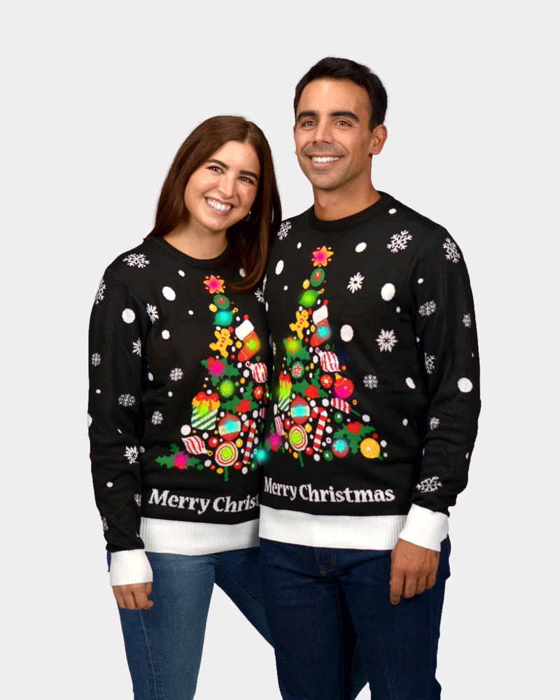 Maglione Natalizio da Uomo con Luci LED Nero con Albero di Natale Donna