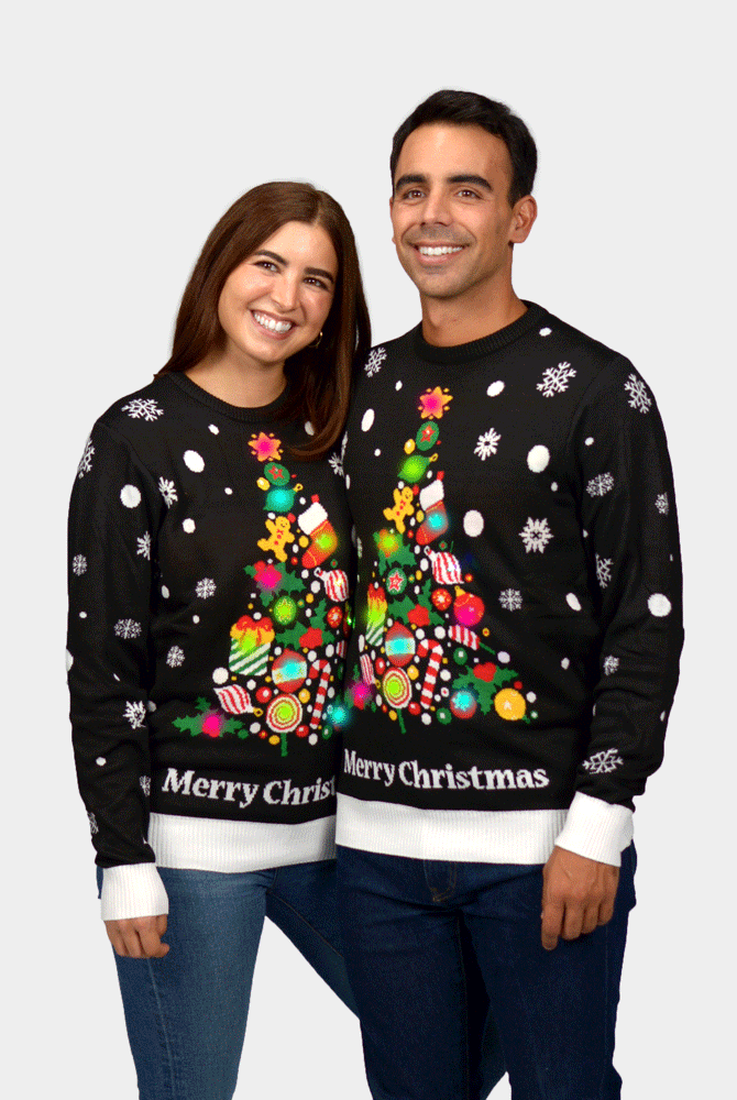 Maglione Natalizio da Uomo con Luci LED Nero con Albero di Natale Donna