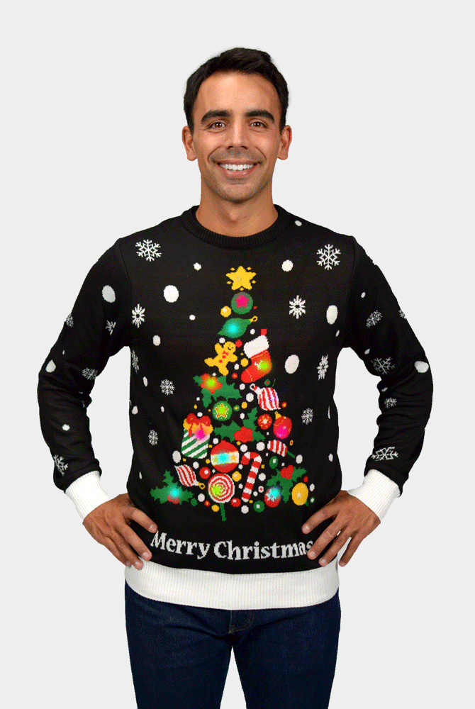 Maglione Natalizio da Uomo con Luci LED Nero con Albero di Natale