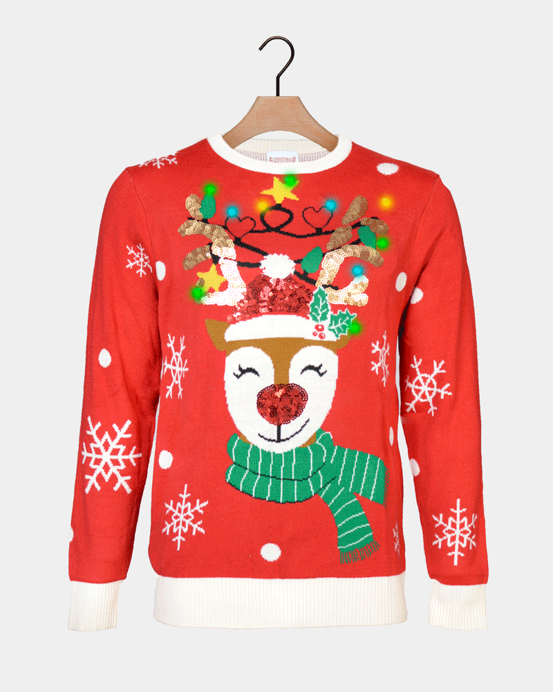 Maglione Natalizio da Uomo Luci LED Paillettes Renna Brillante