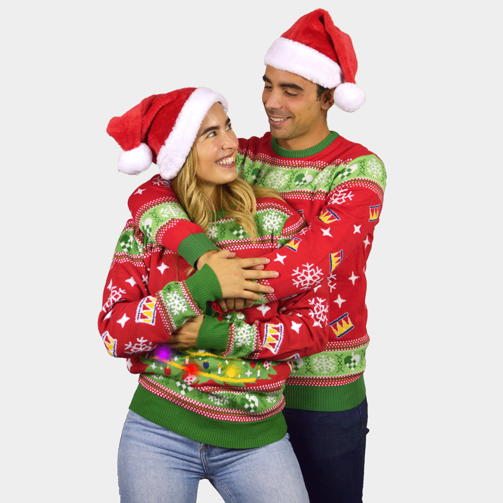 Maglione Natalizio da Uomo Donna con Luci LED Rosso con Albero di Natale
