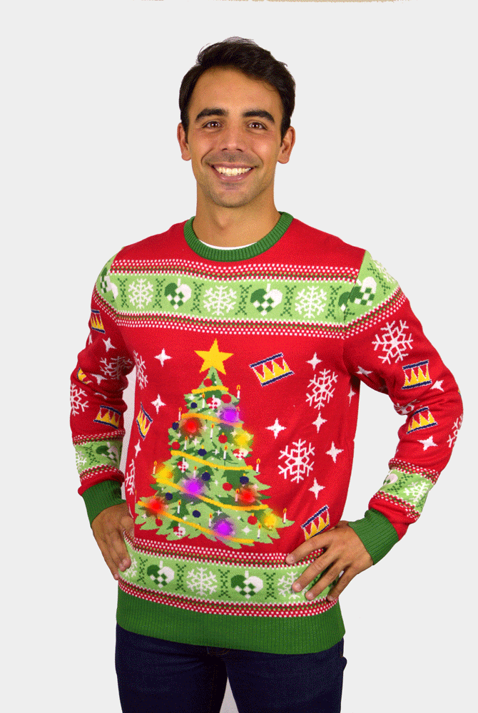 Maglione Natalizio da Uomo con Luci LED Rosso con Albero di Natale