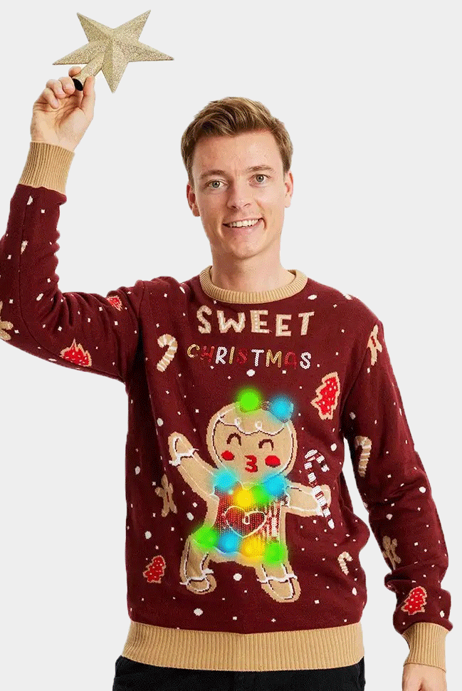 Maglione Natalizio da Uomo con Luci LED Rosso Ginger Cookie