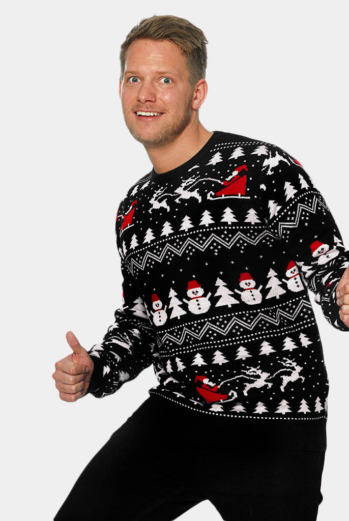 Maglione Natalizio da Uomo Nero Alberi, Pupazzi di Neve e Babbo Natale