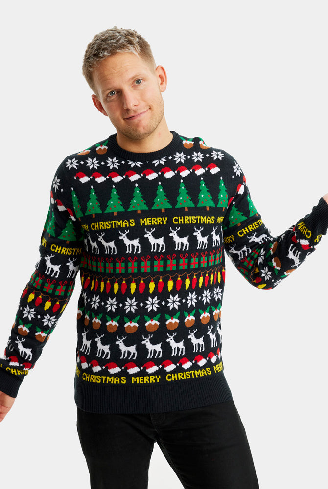 Maglione Natalizio da Uomo Nero con Alberi, Renne e Regali