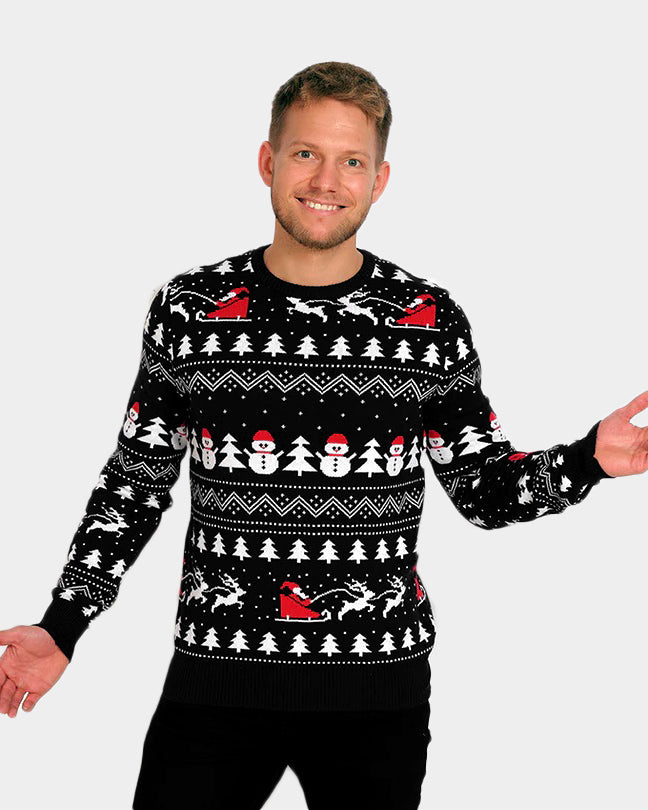 Maglione Natalizio da Uomo Nero Pupazzi di Neve e Babbo Natale Alberi