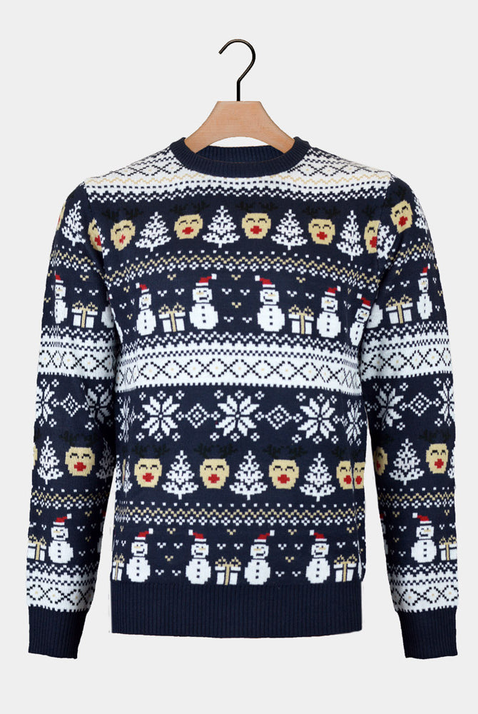 Maglione Natalizio da Uomo e Motivi Natalizi Blu con Pupazzi di Neve