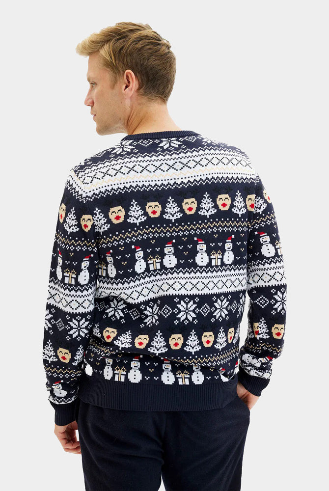 Maglione Natalizio Uomo Blu Pupazzi di Neve e Motivi Natalizi