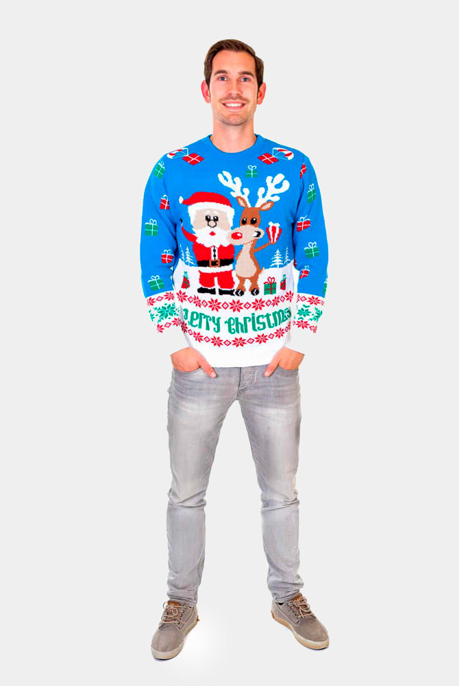 Maglione Natalizio da Uomo con Renna e Babbo Natale Azzurro