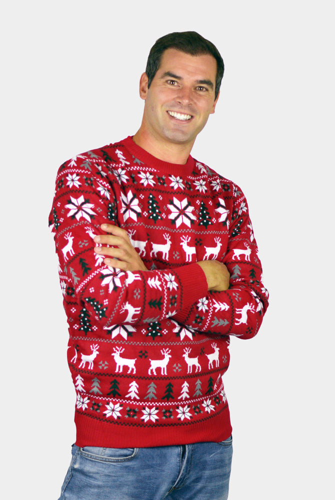 Maglione Natalizio Uomo Rosso Renne, Alberi Stelle Polari