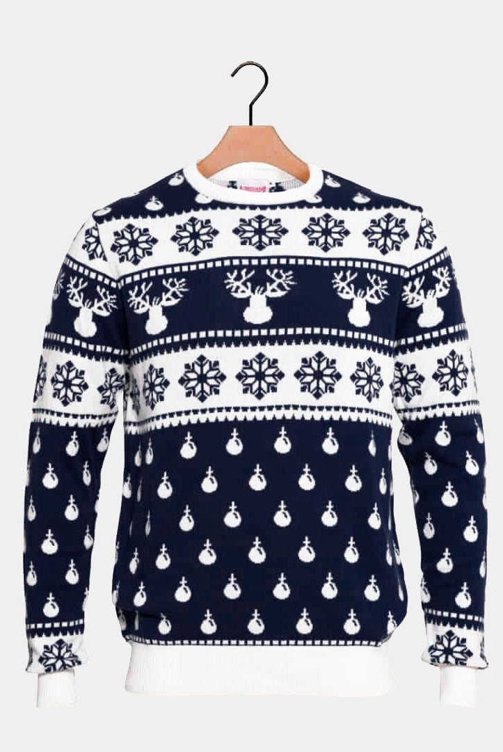 Maglione Natalizio Uomo con Renne e Neve Blu