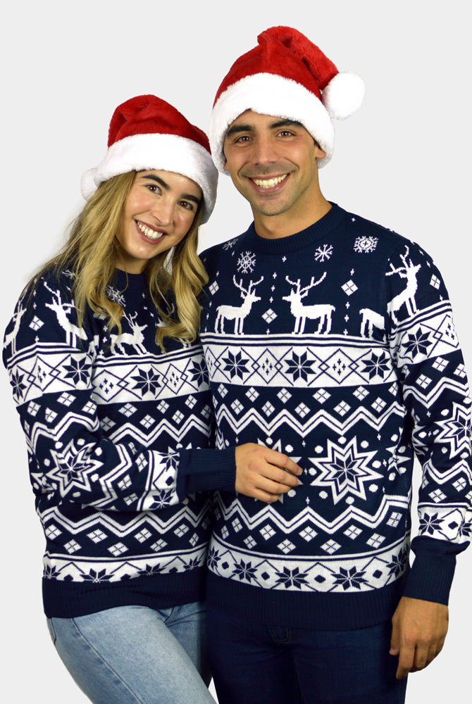 Maglione Natalizio da Uomo con Renne e Stelle Blu Nordic coppia