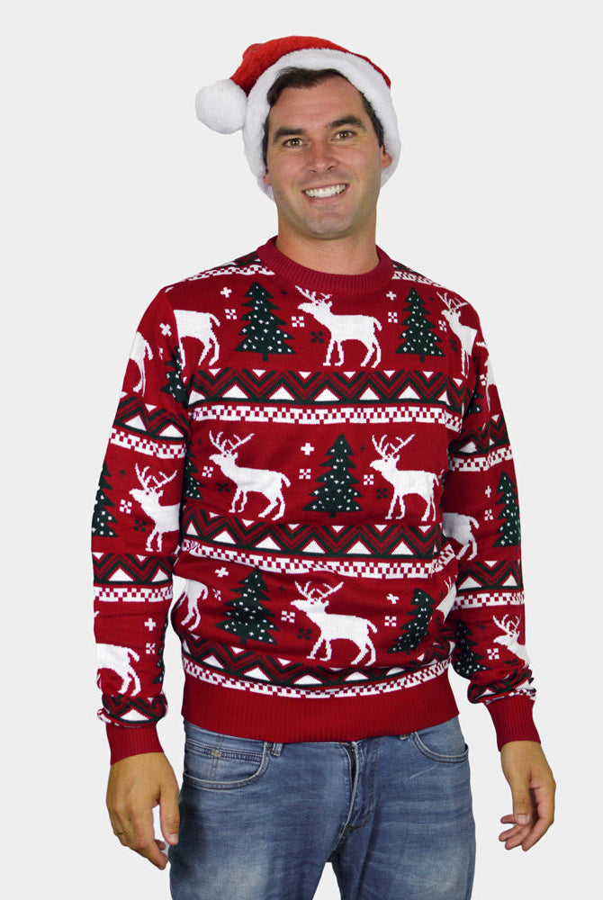 Maglione Natalizio da Uomo Rosso Alberi di Natale e Renne