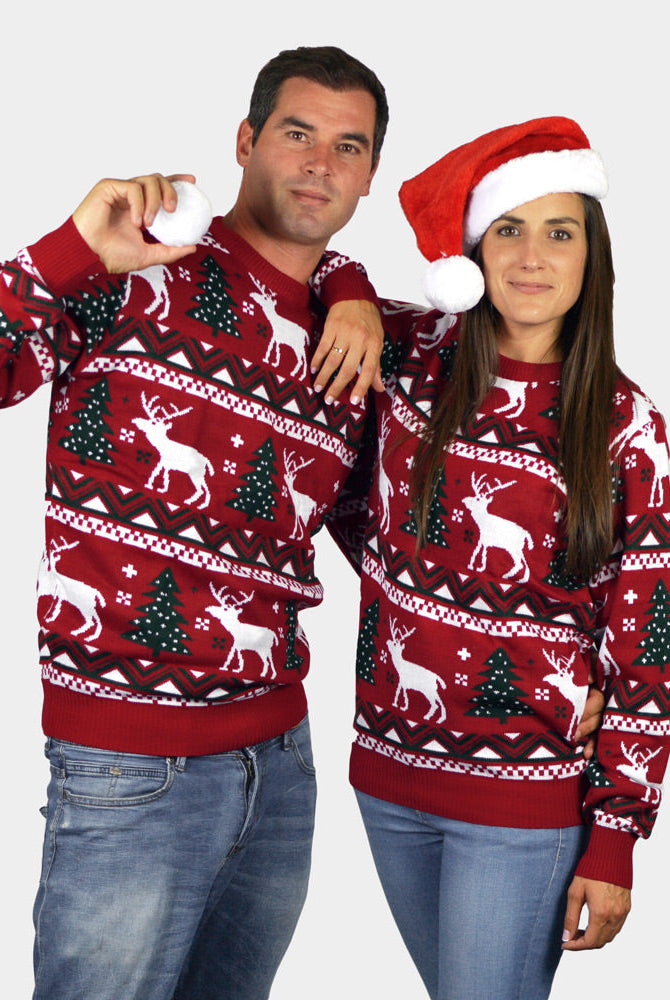 Maglione Natalizio da Uomo Rosso Alberi di Natale e Renne coppia