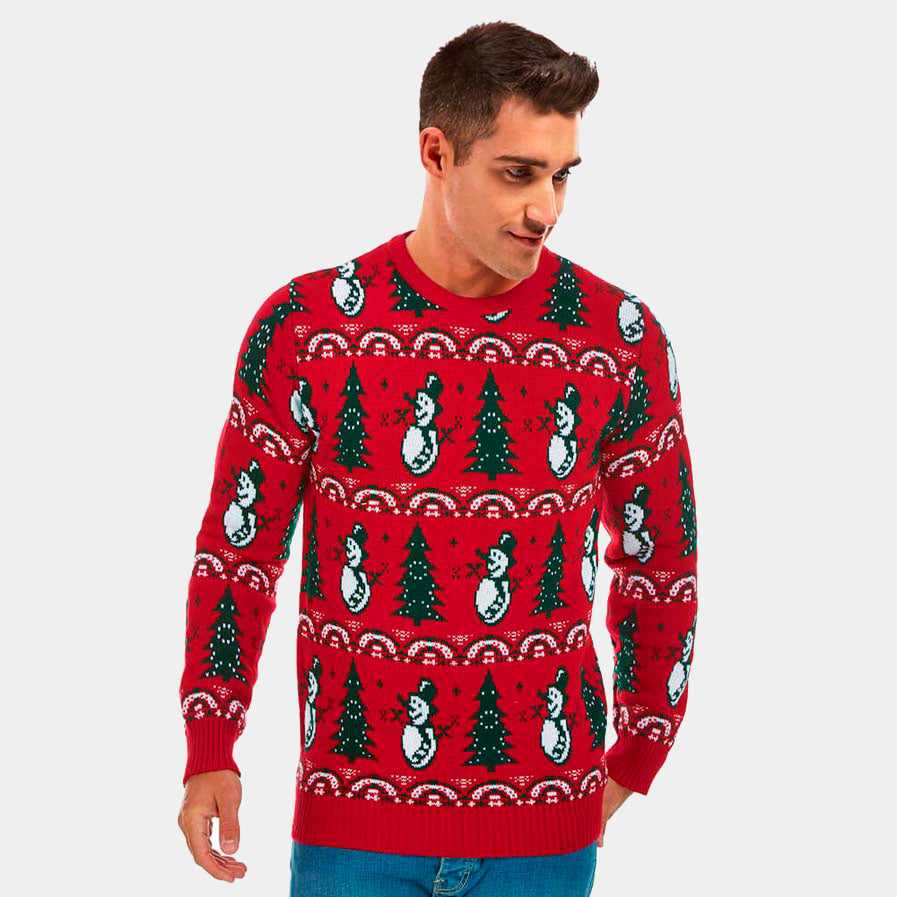 Maglione Natalizio da Uomo Rosso con Pini e Pupazzi di Neve