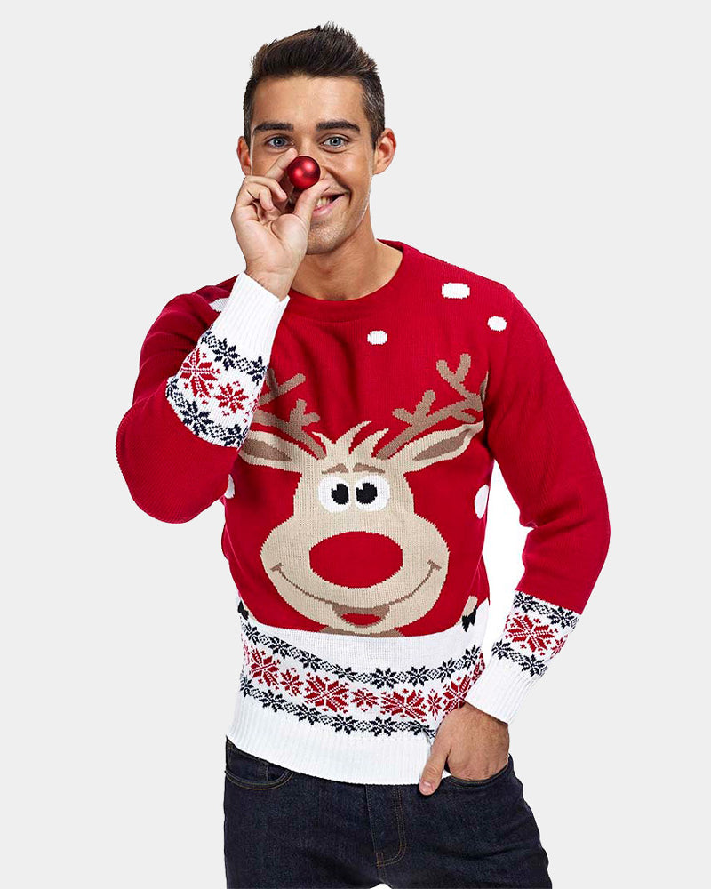 Maglione Natalizio da Uomo Rosso con Renna e Neve