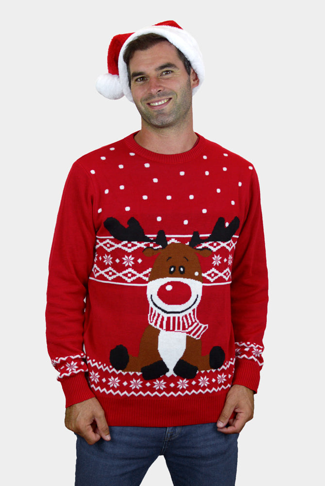 Maglione Natalizio da Uomo Rosso Renna Rudolph con Sciarpa