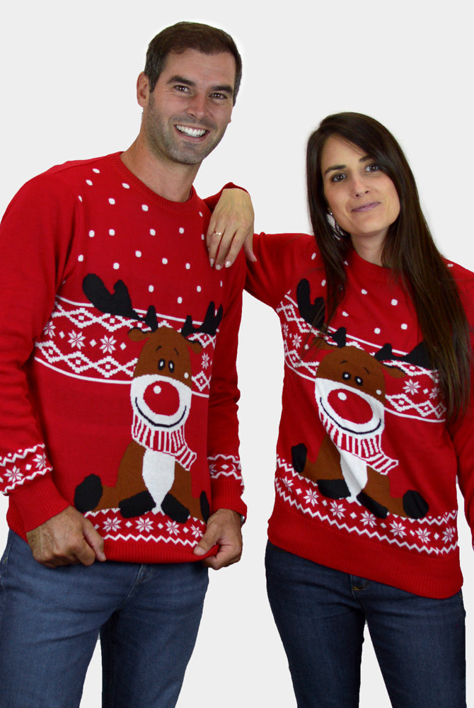 Maglione Natalizio da Uomo Donna Rosso Renna Rudolph Sciarpa