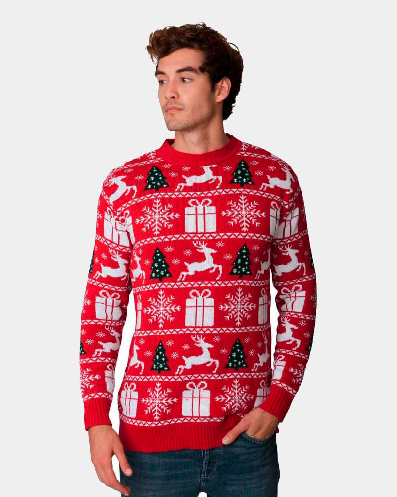 Maglione Natalizio uomo Rosso con Renne, Alberi e Regali di Natale