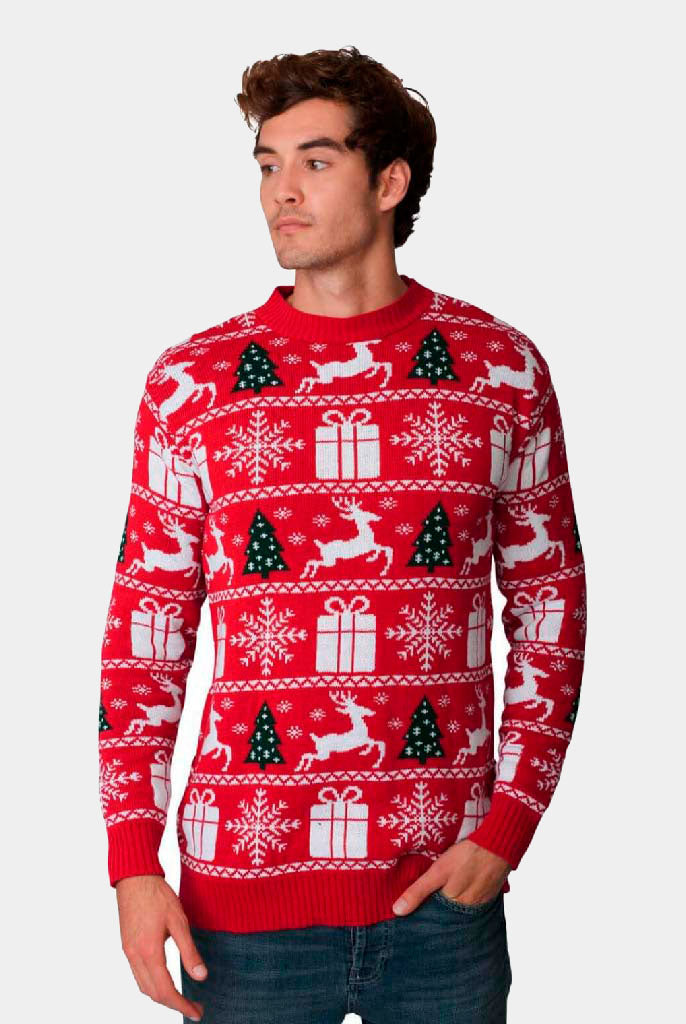 Maglione Natalizio uomo Rosso con Renne, Alberi e Regali di Natale