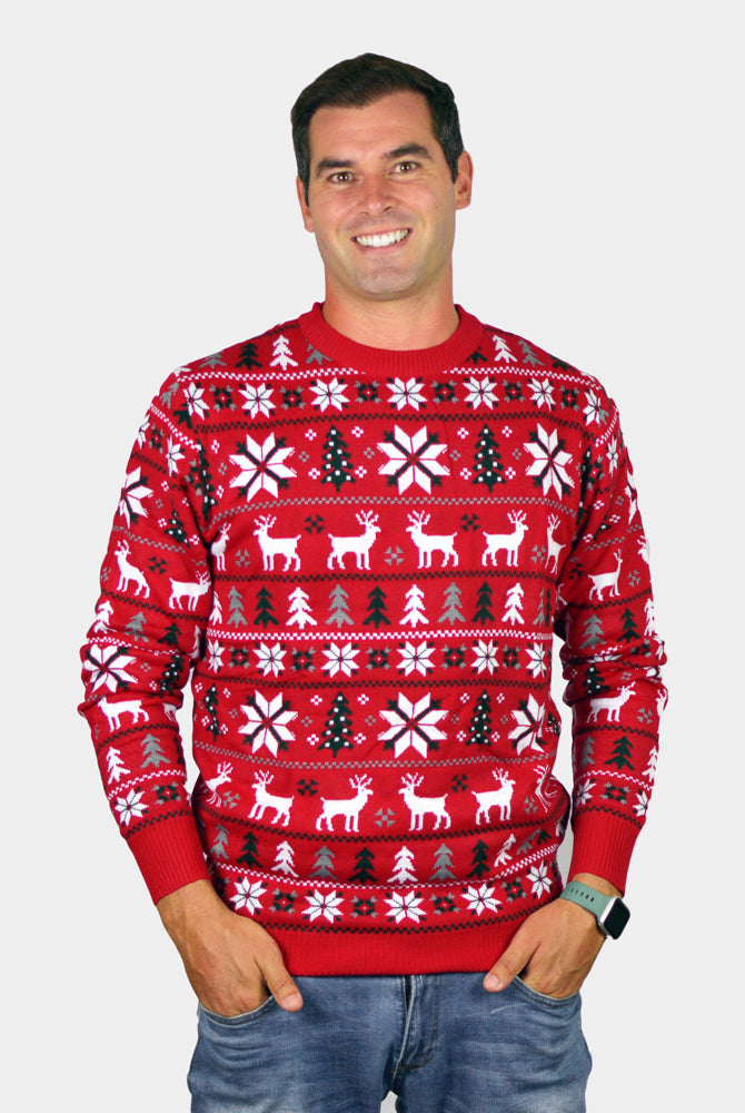 Maglione Natalizio da Uomo Rosso Renne, Alberi e Stelle Polari