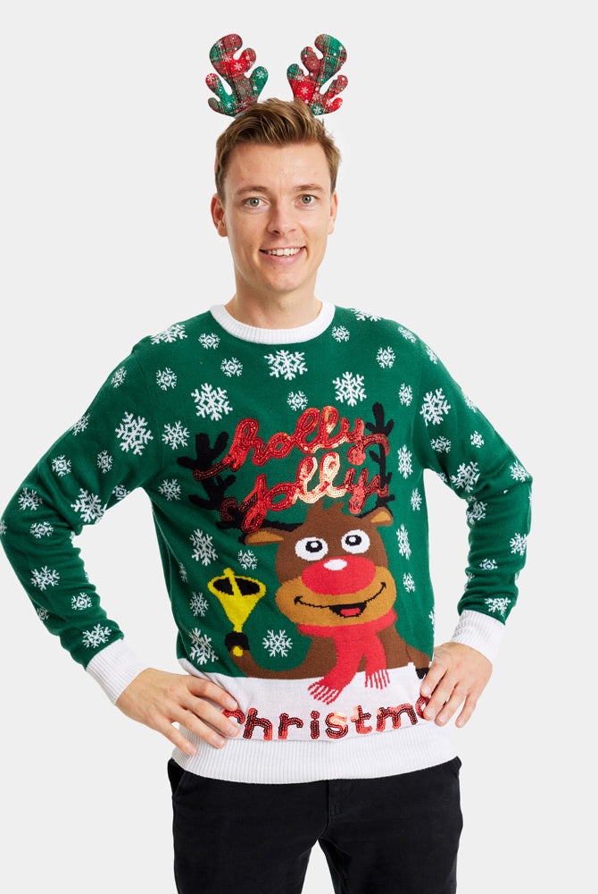 Maglione Natalizio Uomo Verde Holly Jolly con Paillettes