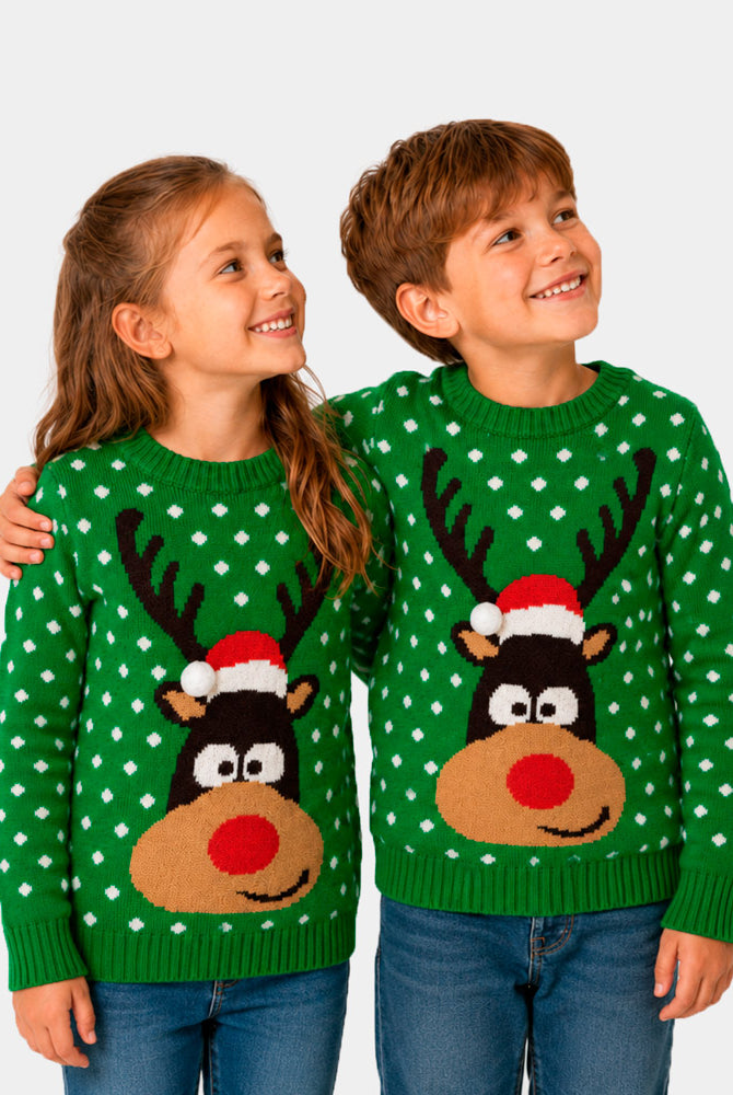 Maglione Natalizio da Uomo Verde Renna Cappello bambini 3D