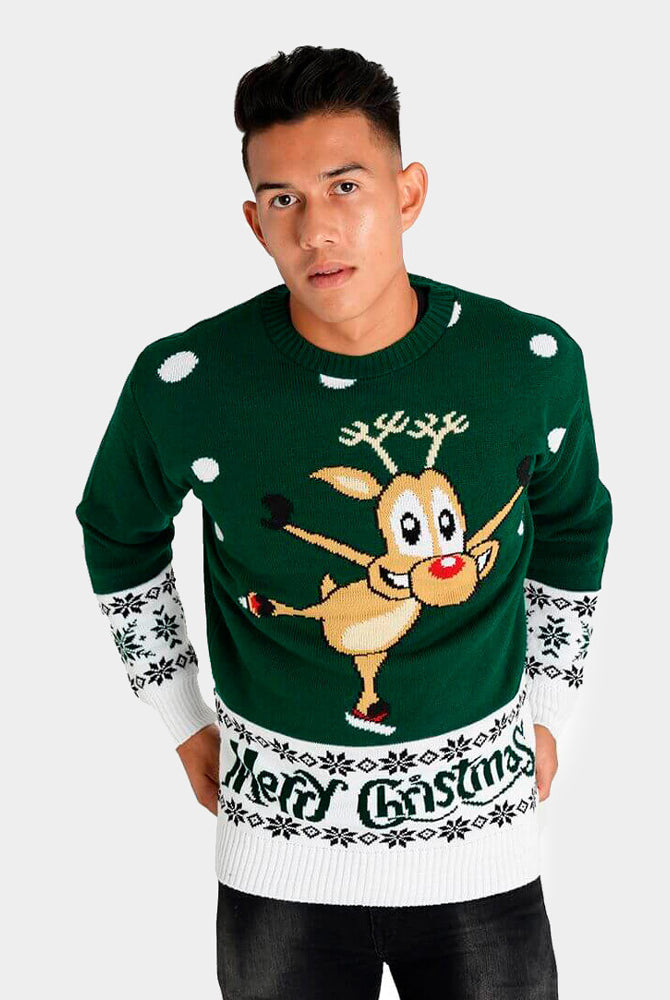 Maglione Natalizio da Uomo Verde con Renna che Pattina