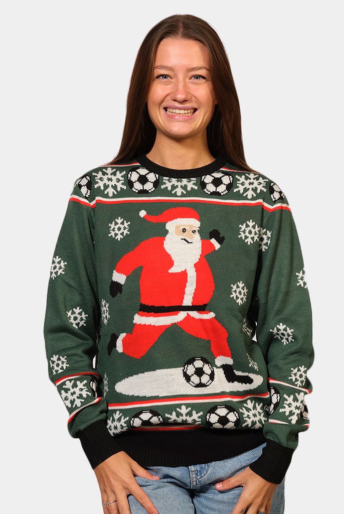 Maglione Natalizio Verde Donna Babbo Natale che Gioca a Calcio